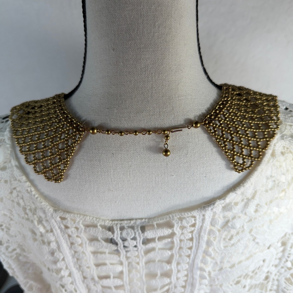 Vintage Necklace Peter Pan Collar Beaded Openwork Lattice Antique Gold Tone - Picture 3 of 8